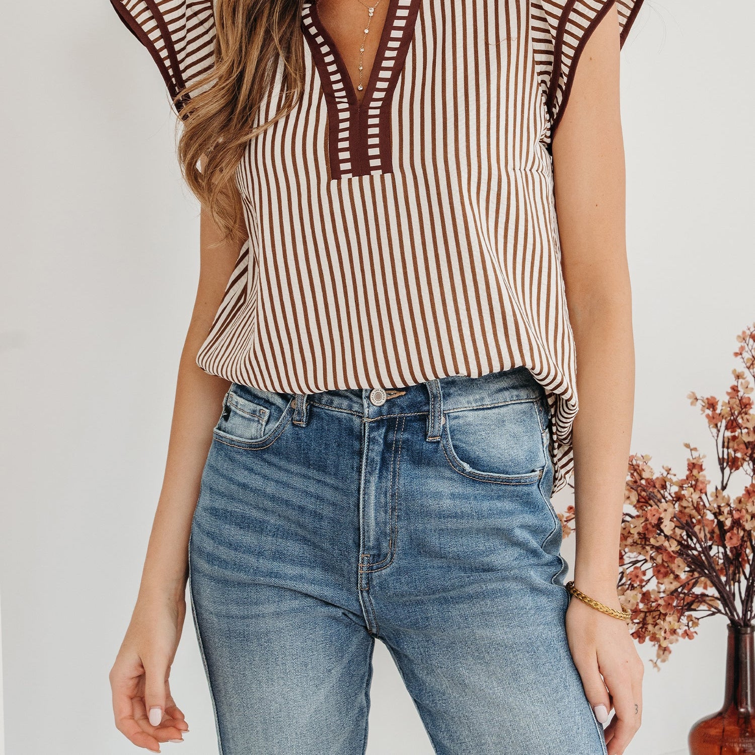 Stripe Double Ruffle Short Sleeve V-Neck Blouse