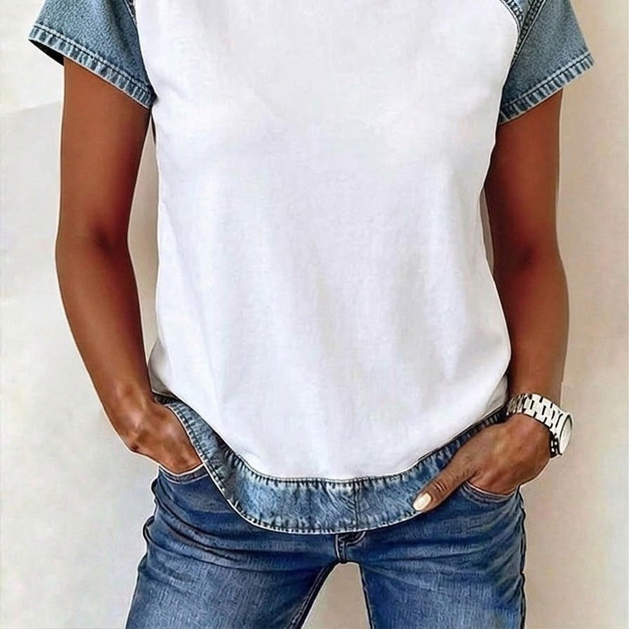 Women's Retro Denim Patchwork Short-Sleeve Shirt – Loose Fit