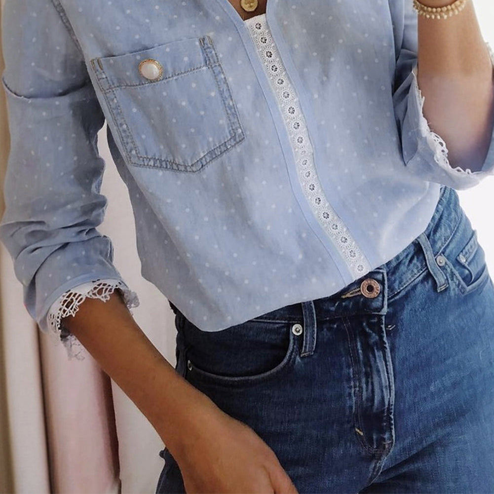 Dotted Denim Lace Trim Collared V-Neck Blouse