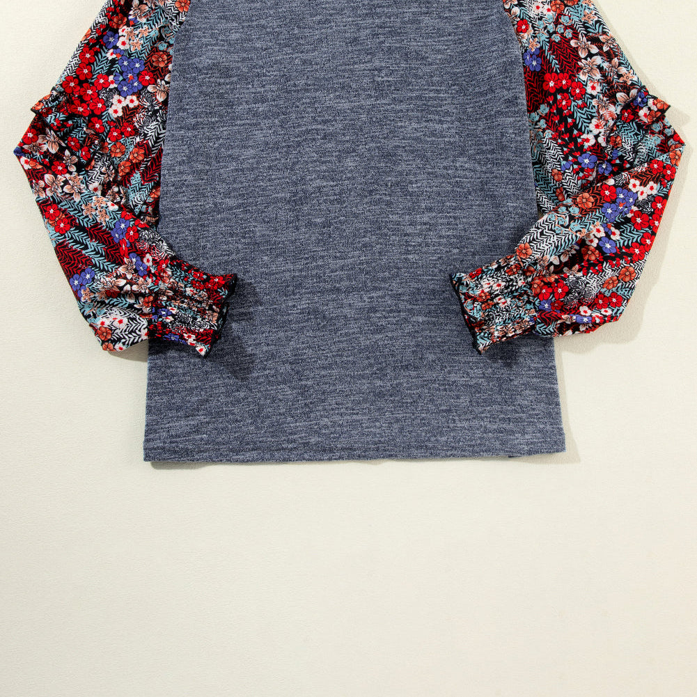 Floral Patchwork Ruffle Tiered Sleeve Crewneck Blouse