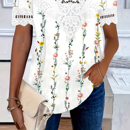 Women's Lace Patchwork Crew Neck Short Sleeve T-Shirt