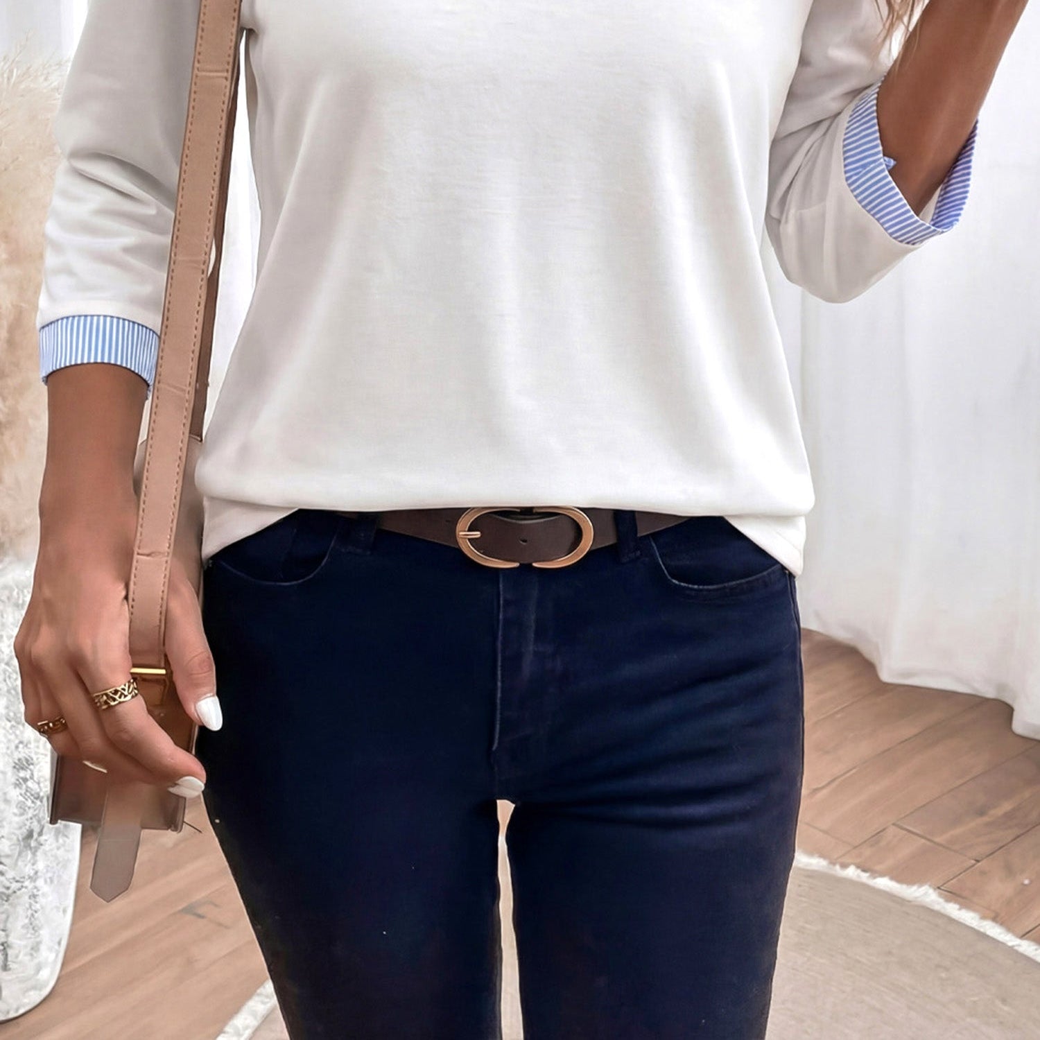Stripe Patchwork Frilled V-Neck 3/4 Sleeve Blouse