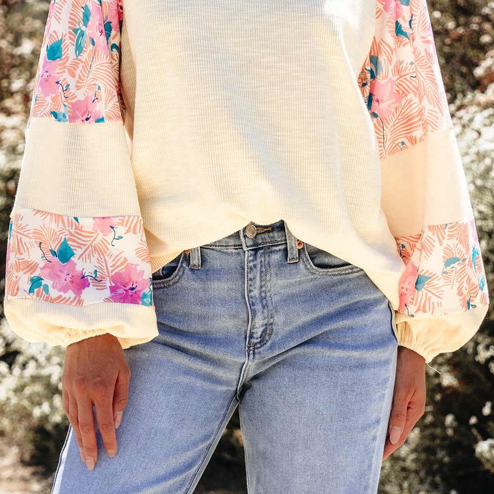 Floral Patchwork Balloon Sleeve Textured Blouse