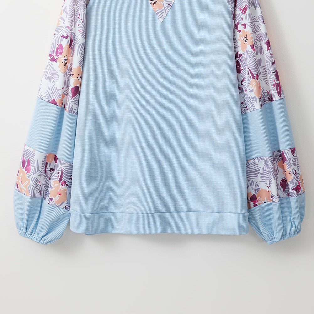Floral Patchwork Balloon Sleeve Textured Blouse