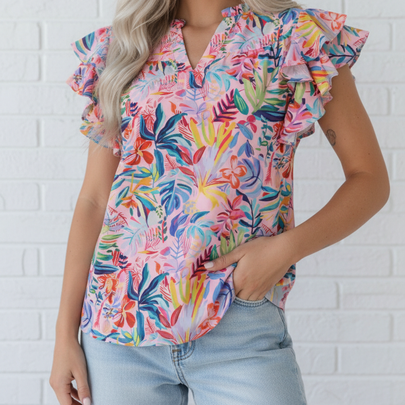Floral Frilled Notch Neck Ruffle Sleeve Blouse