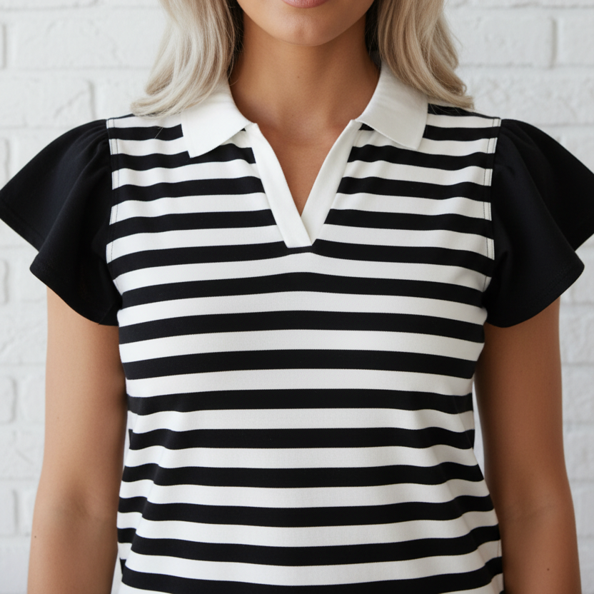 Stripe Collar V-Neck Ruffle Short Sleeve Blouse
