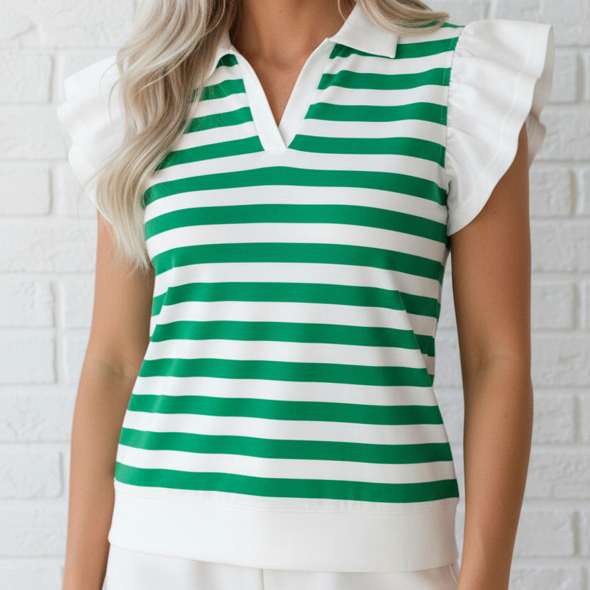 Stripe Collar V-Neck Ruffle Short Sleeve Blouse