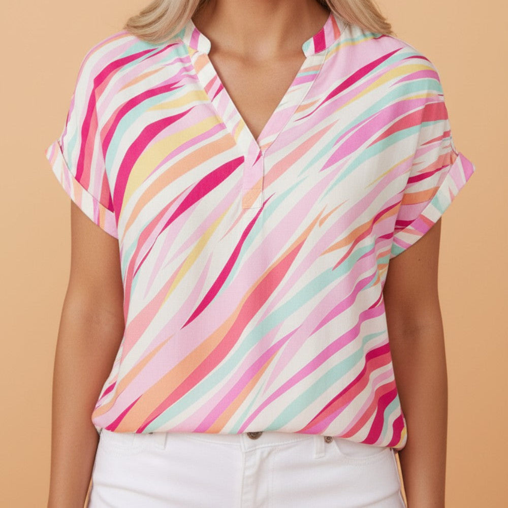 Abstract High Low Short Sleeve Blouse