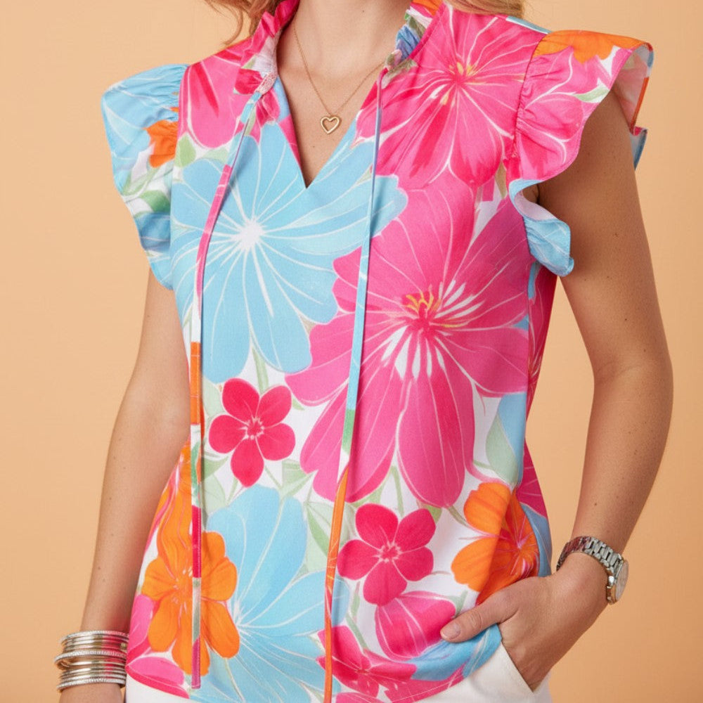 Floral Ruffle Tied V-Neck Flutter Sleeve Blouse