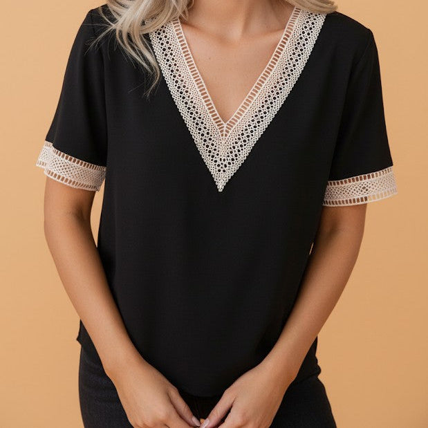 Contrast Lace Trim V-Neck Short Sleeve Blouse