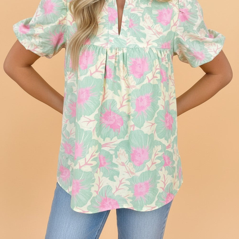Floral Frilled V-Neck Bubble Sleeve Babydoll Blouse