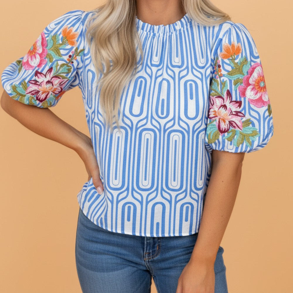 Floral Embroidered Puff Sleeve Blouse