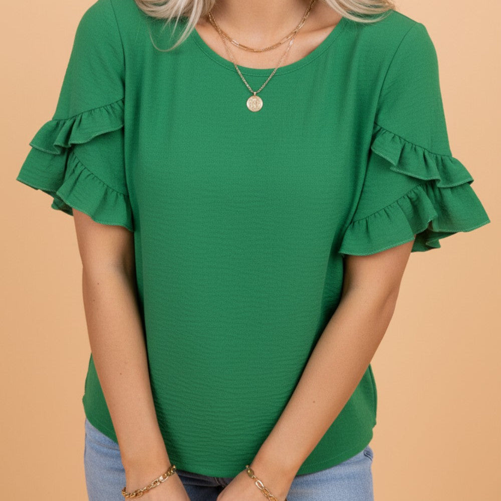 Solid Ruffle Trim Short Sleeve Blouse