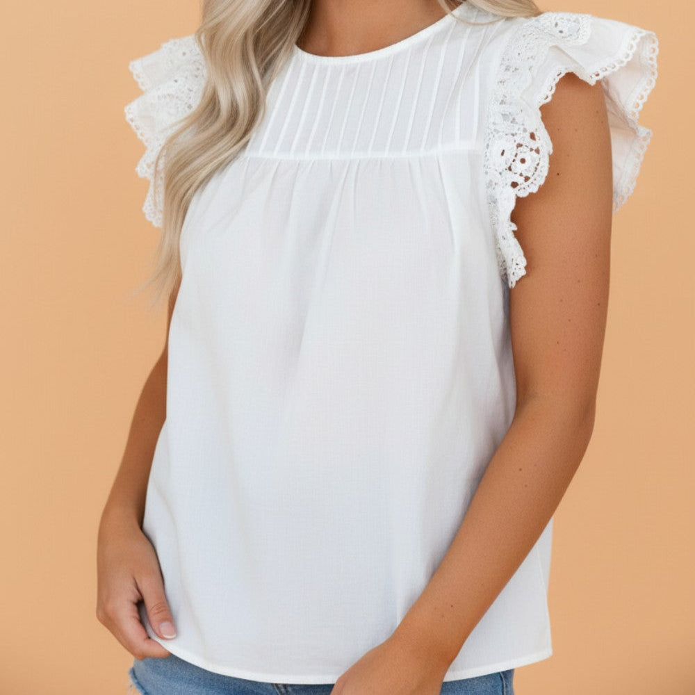 Lace Flutter Sleeve Pleated Round Neck Blouse