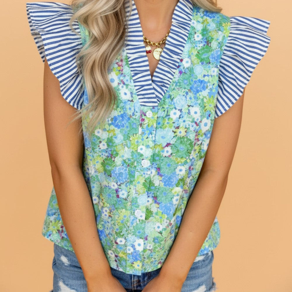 Floral Stripe Patchwork Flutter Sleeve V-Neck Blouse