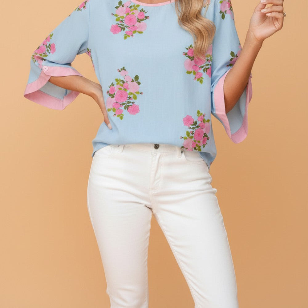 Floral Button Cuffed 3/4 Sleeve Round Neck Blouse