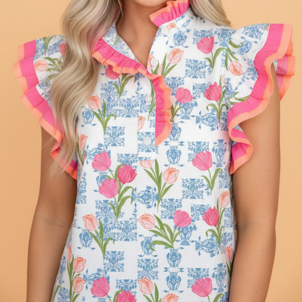 Floral Colorblock Flutter Sleeve Half Button Blouse