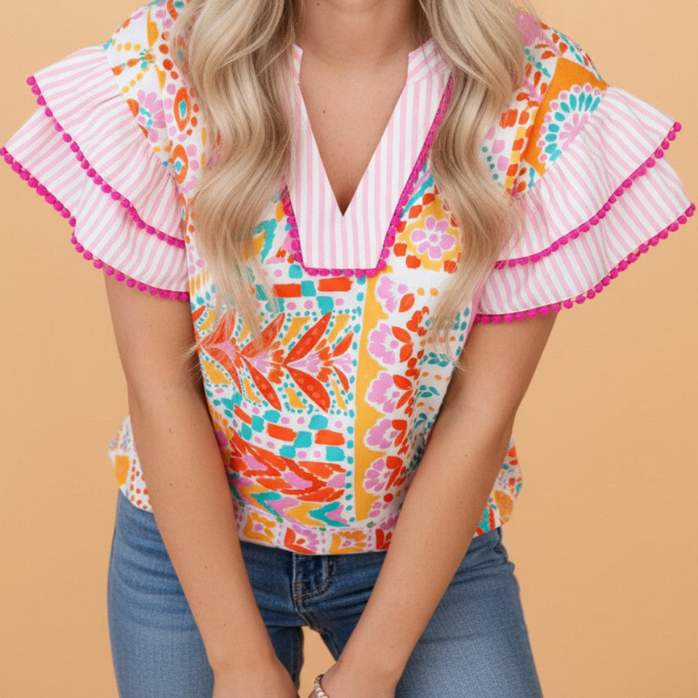Boho Contrast Trim Patchwork Tiered Short Sleeve Blouse