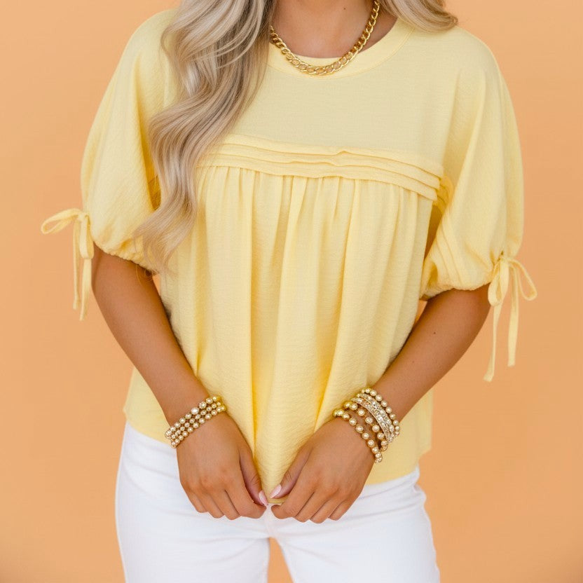 Solid Pleated Tie Sleeve Babydoll Blouse