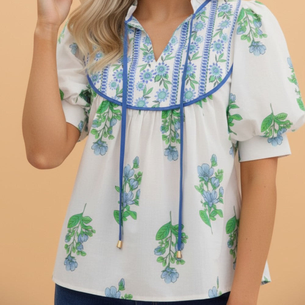 Floral Contrast Trim Tie Neck Blouse