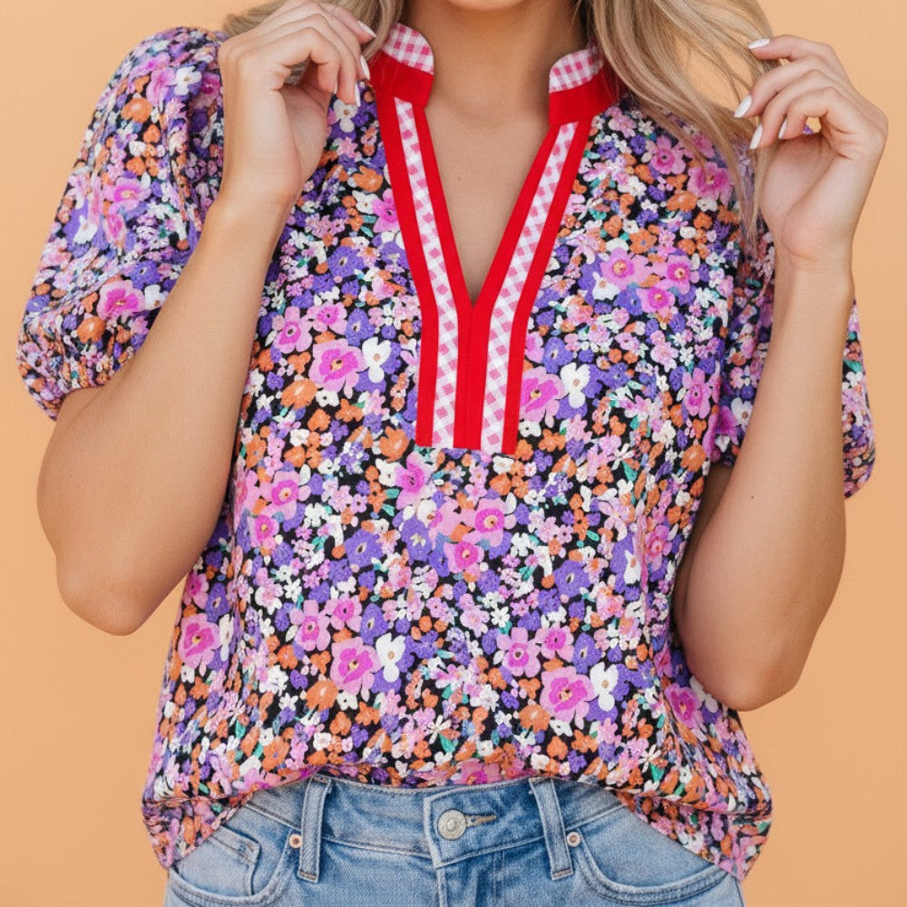 Floral Gingham Colorblock Trim V-Neck Blouse