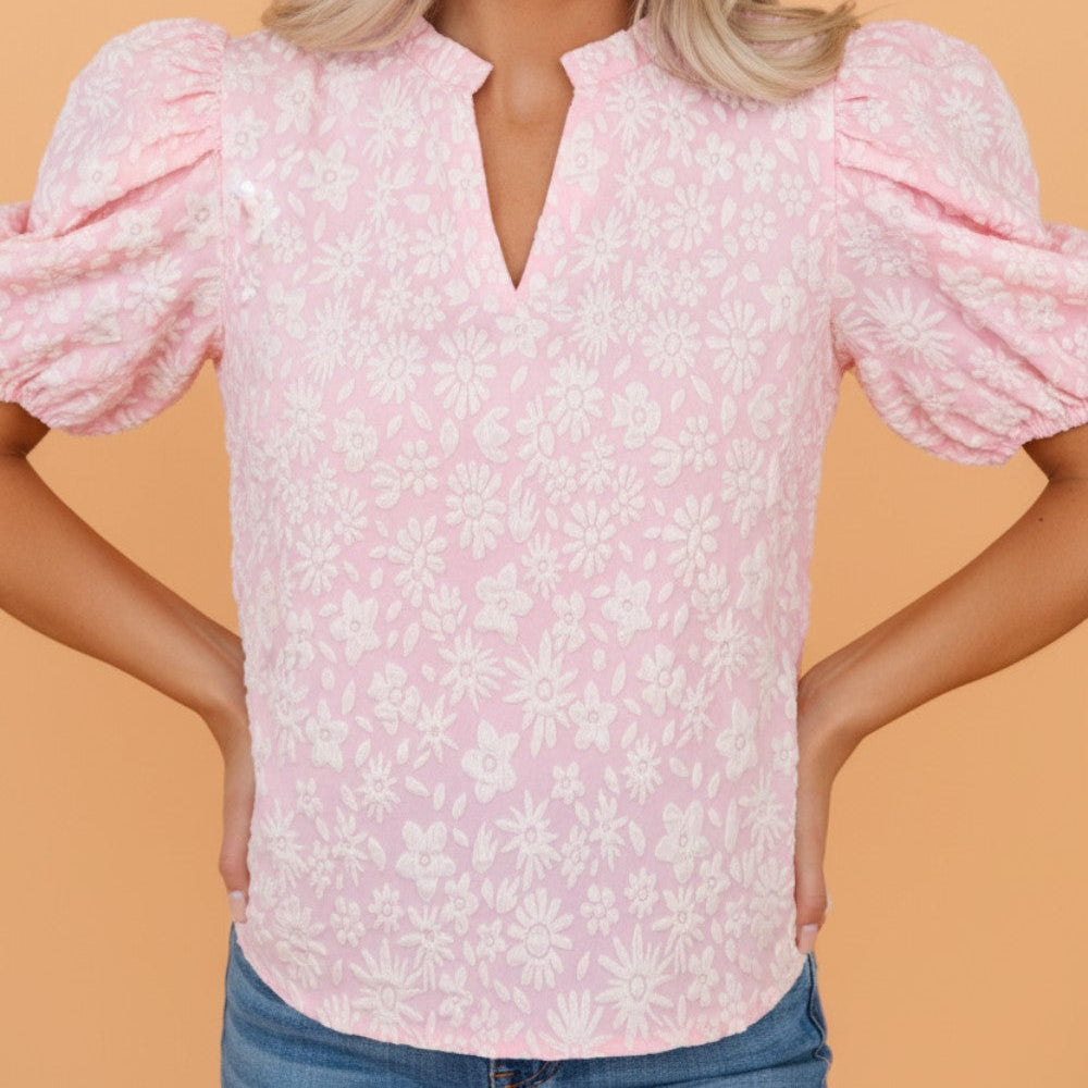 Floral Textured Jacquard Puff Sleeve Blouse