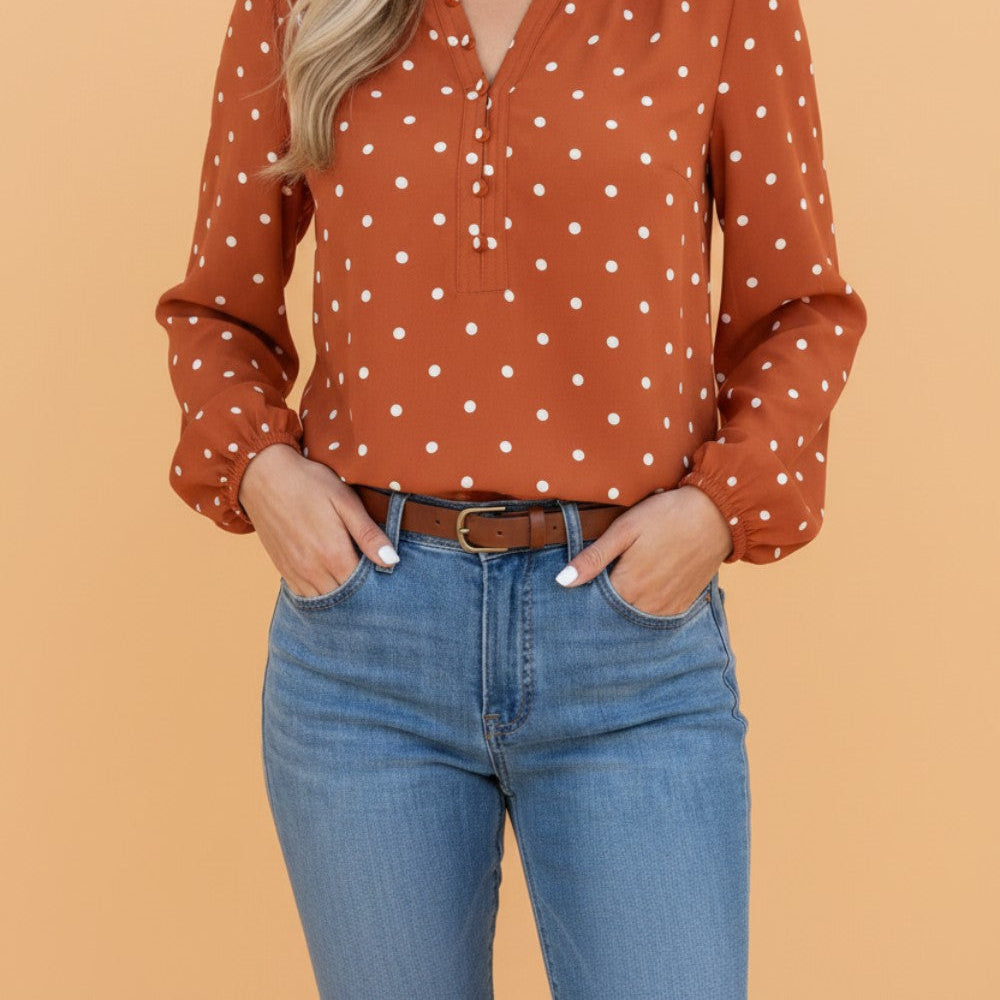 Polka Dot Half Button V-Neck Long Sleeve Blouse