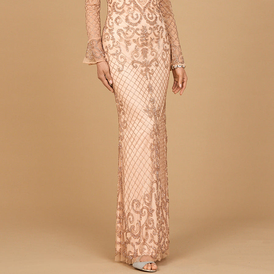 Beaded Long Sleeve V-neck Gown