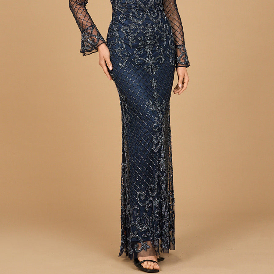 Beaded Long Sleeve V-neck Gown