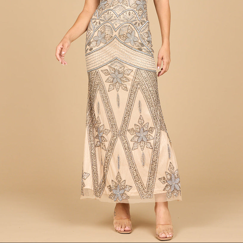 Contrast Beaded V-Neck Fitted Gown