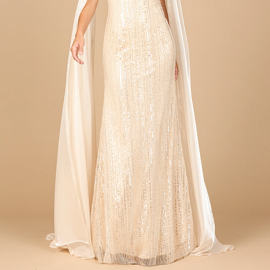Beaded Gown with Satin Cape Sleeves