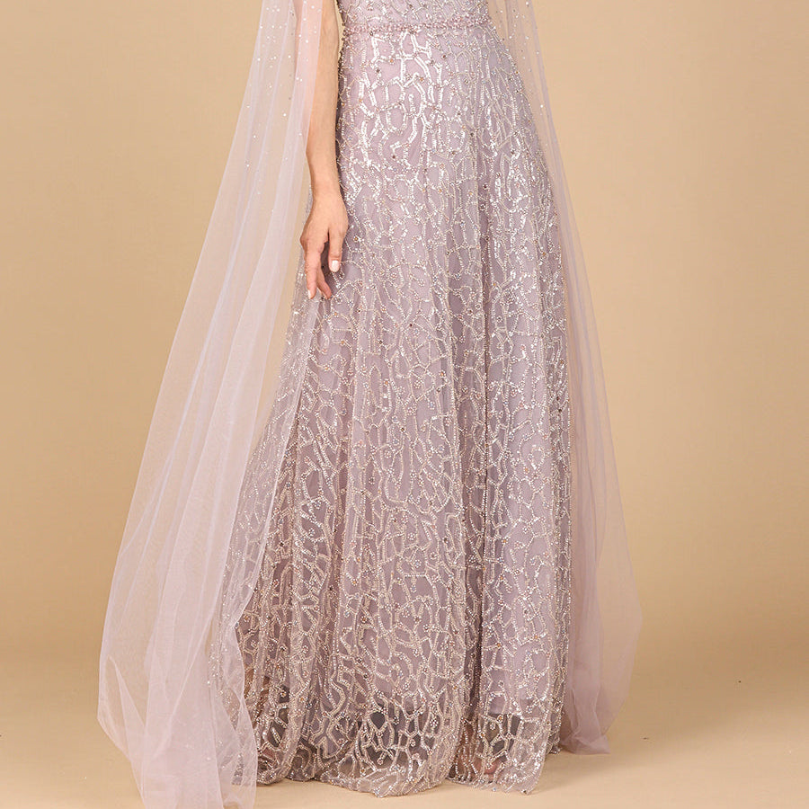Beaded Lace Gown with Cape Sleeves