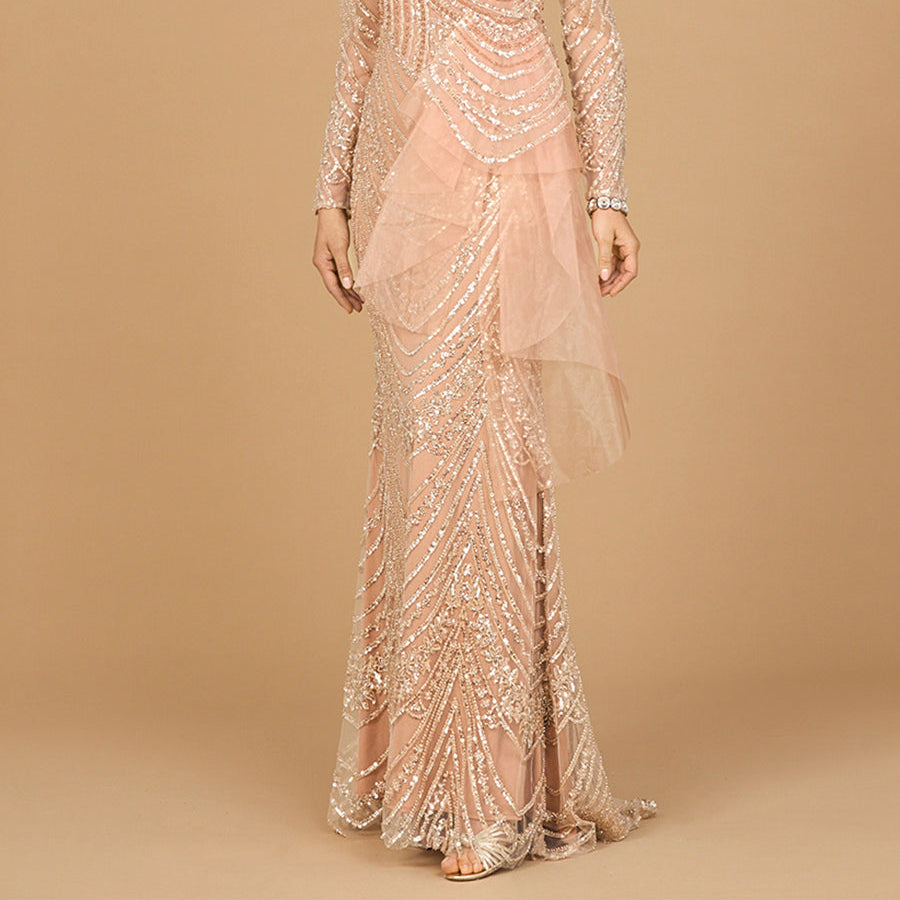 Beaded Long Sleeve Gown with Tulle Applique