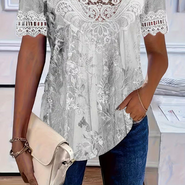 Women's Lace Patchwork Crew Neck Short Sleeve T-Shirt
