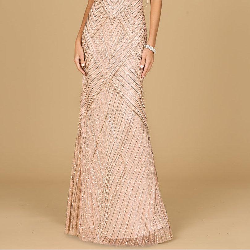 Beaded Fringe Illusion Dress with Cap Sleeves