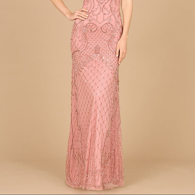 Beaded Cap Sleeve Gown With V-Neckline - OUTLET