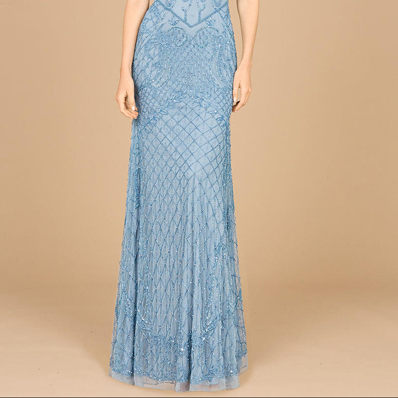 Beaded Cap Sleeve Gown With V-Neckline - OUTLET
