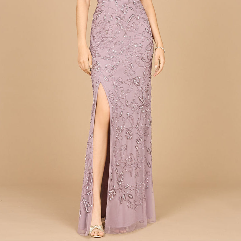 Embellished Gown with Slit And Spaghetti Straps - OUTLET