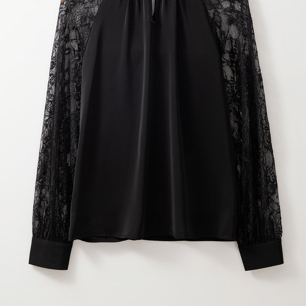 Lace Patchwork Sleeve Keyhole Neckline Blouse