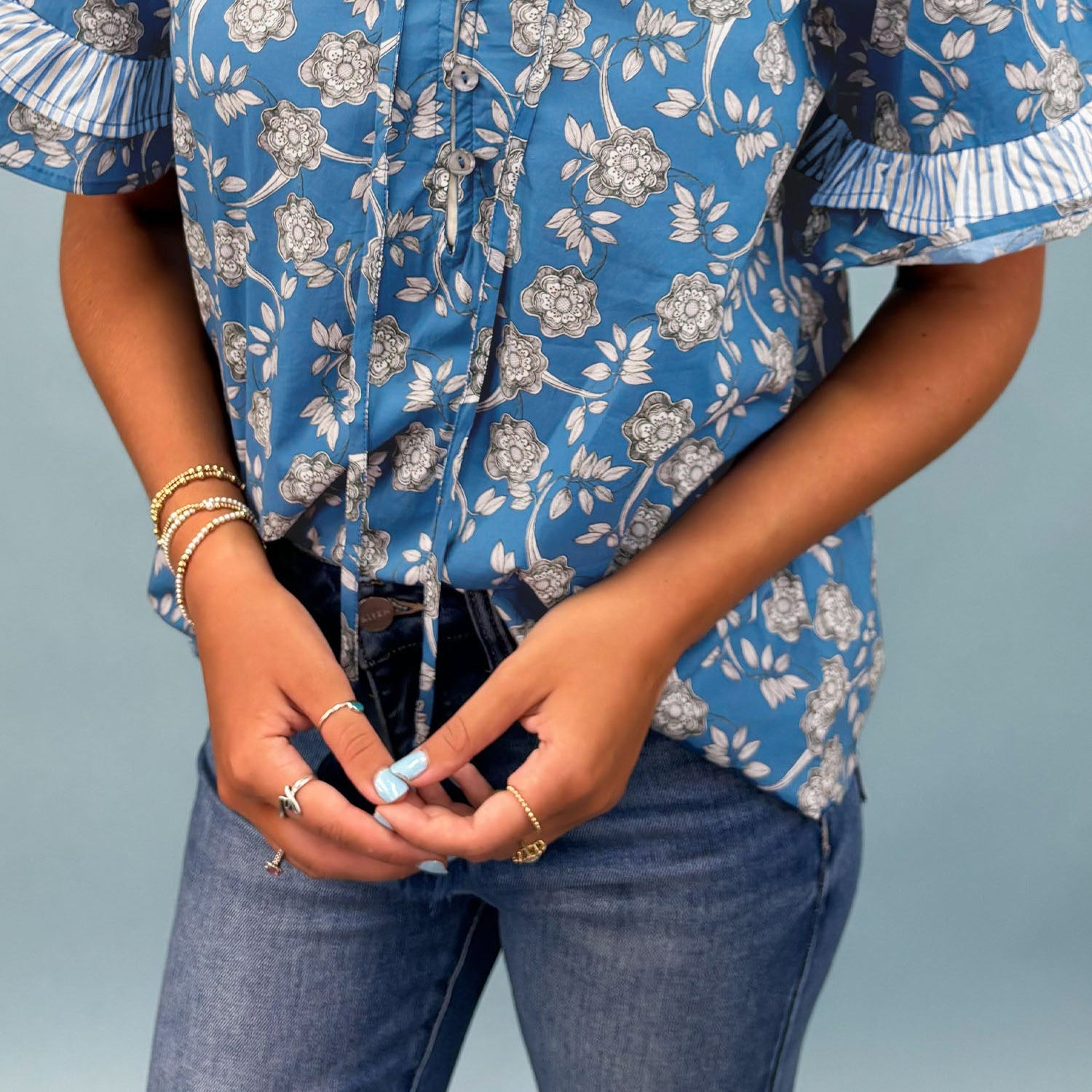 Floral Stripe Trim Tie-Neck Short Sleeve Blouse