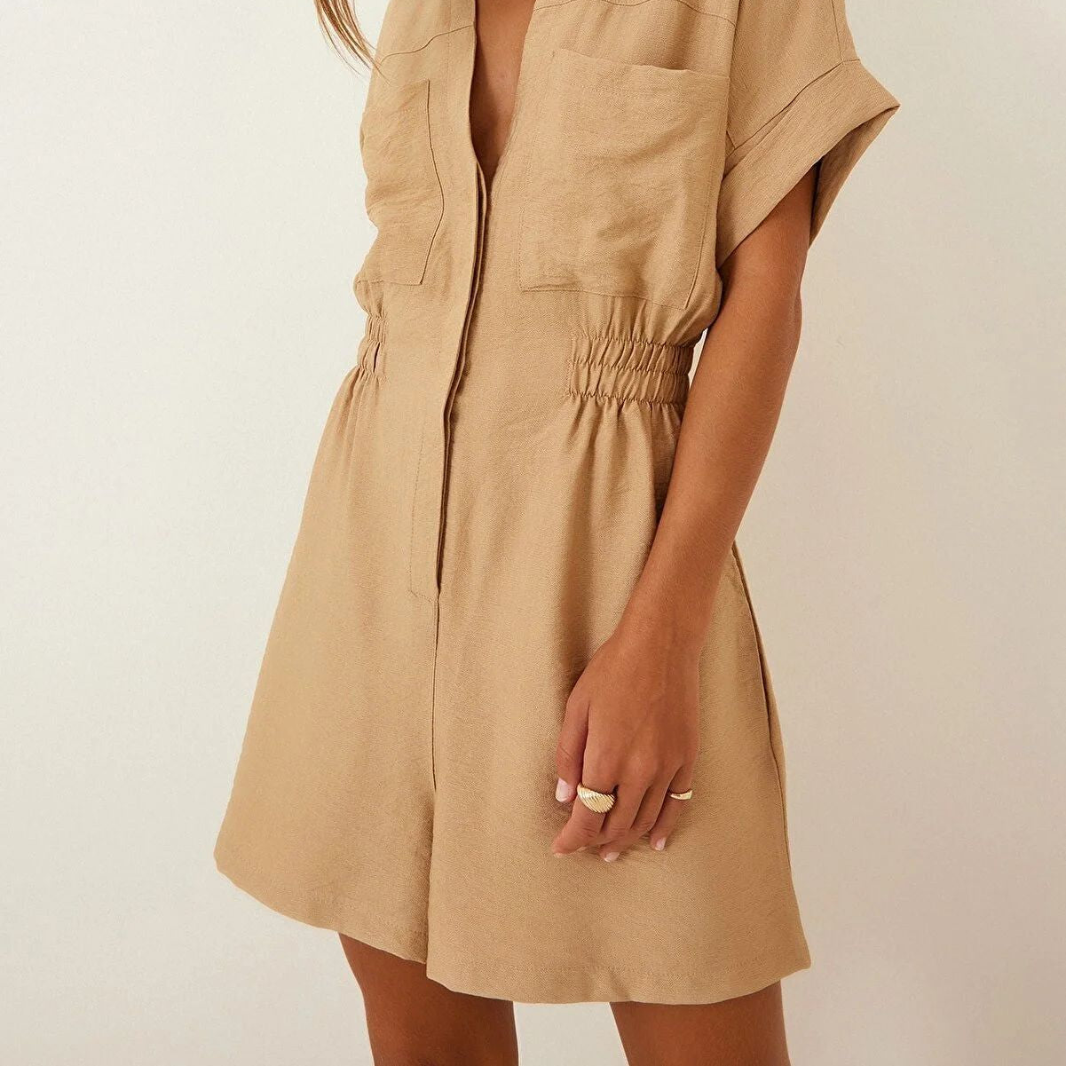 Women's Cotton Linen Loose-Fit Workwear Jumpsuit With Pockets