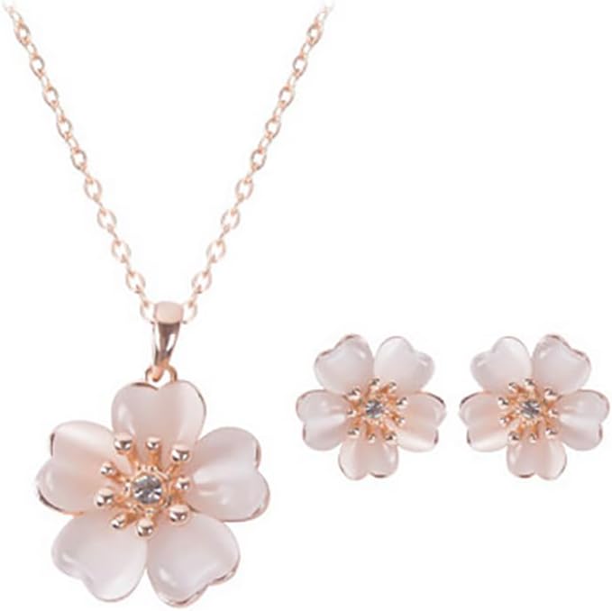 Pink Cat Eye Cherry Blossom Pendant Necklace Stud Earring Set for Women Elegant Delicate Rhinestone Sakura Flower Sweet Dainty Love Heart Petals Floral Choker Prom Party Bride Wedding Jewelry for Her