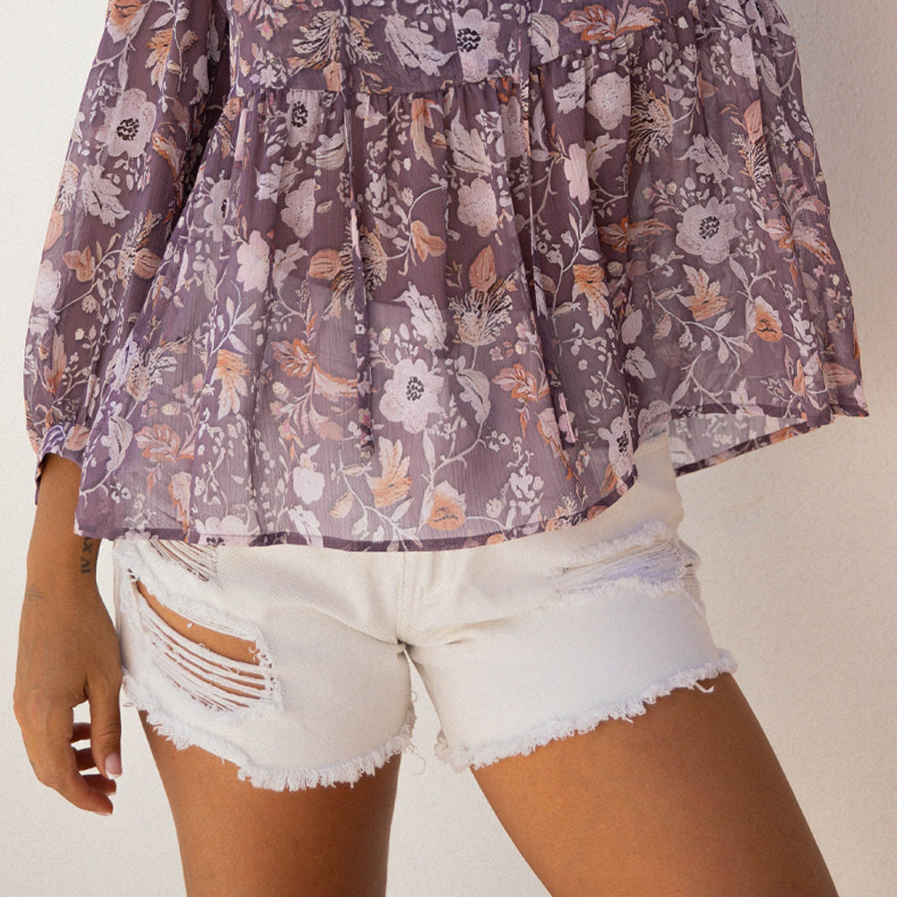 Boho Floral 3/4 Sleeve Babydoll Blouse