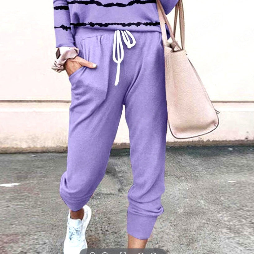 Women's Long Sleeve T-Shirt & Pencil Pants Set – Loose Fit, Striped & Solid