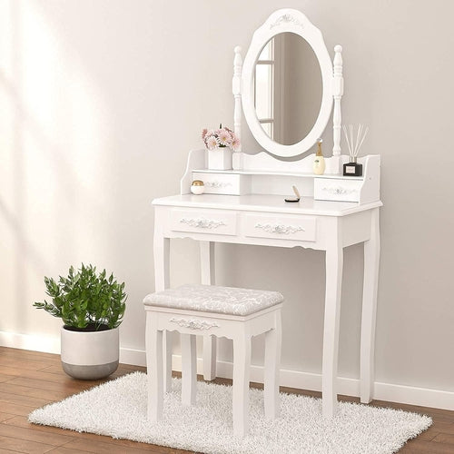 Wood Makeup Vanity Table Set with Detachable Mirror, 4-Drawer Dressing Table