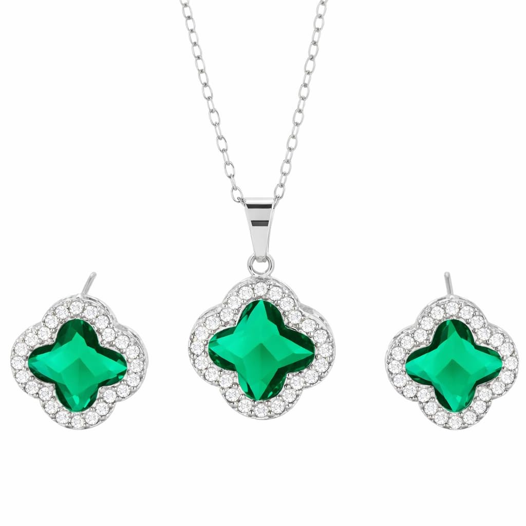 Four Leaf Clover Necklace and Earrings Set for Women, Clover Jewelry Set with Pendant Necklace and Stud Earrings, Brilliant Cubic Zirconia, Polished Metal Setting, Hypoallergenic, & Lightweight