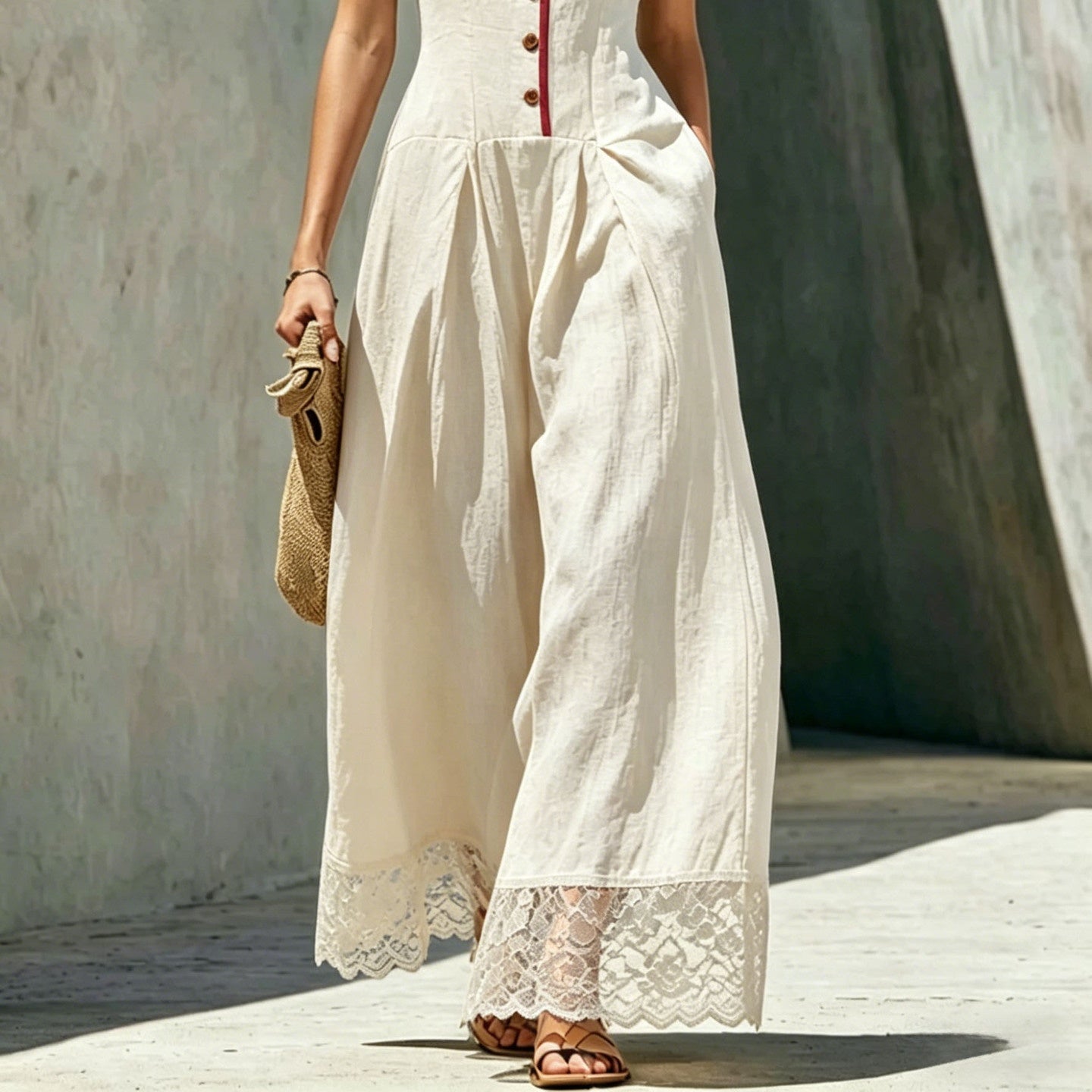 Women's Lace-Spliced Jumpsuit with Pockets – Sleeveless, High Waist, Straight Leg