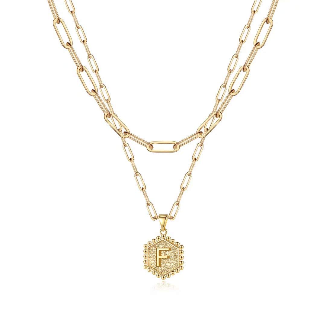 M MOOHAM Dainty Initial Necklaces for Women, 14K-Gold-Plated Layering Necklace for Women Cute Hexagon Letter Initial Necklace Layered Necklaces for Womens Teen Girl Gifts