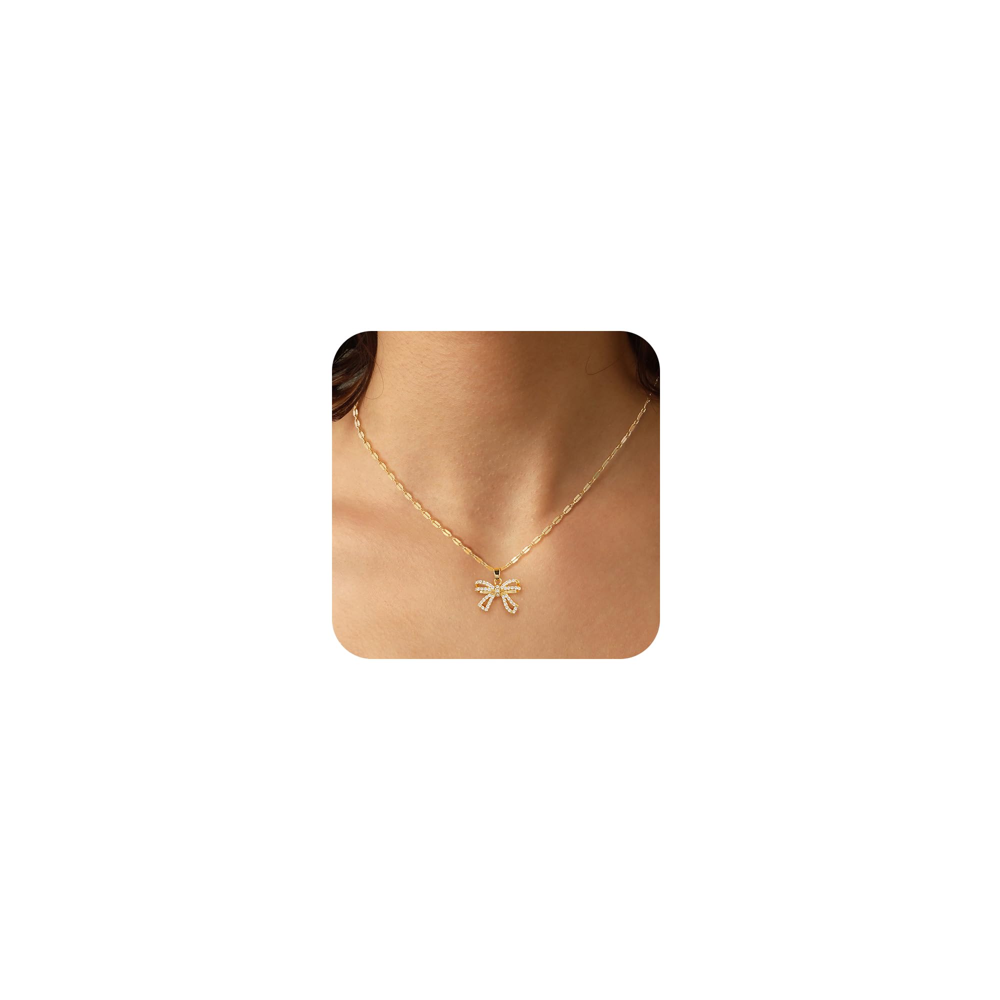 CAROVO Gold Necklace for Women Bow Necklace 14K Dainty Layered Gold Necklace Cute Small Cubic Zirconia Bow Pendant Choker Chain Necklace Trendy Necklace Jewelry Gift for Women