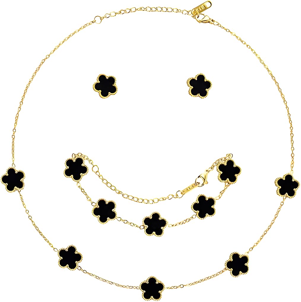 OSIRIDEH2 Lucky Clover Necklace Jewelry Sets,18K Gold Plated Flower Design Five Leaf Bracelet,Clover Necklace Pendant,Clover Earrings for Women Lucky, 4 Leaf Clover Necklace